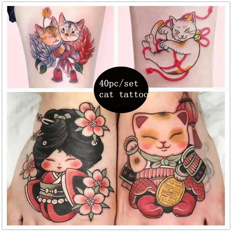 

40pc/Lot Japanese Cat Tattoo Stickers for Boys Girls Children Waterproof Flower Art Fake Tattoo Arm Chest Leg Temporary Tattoo