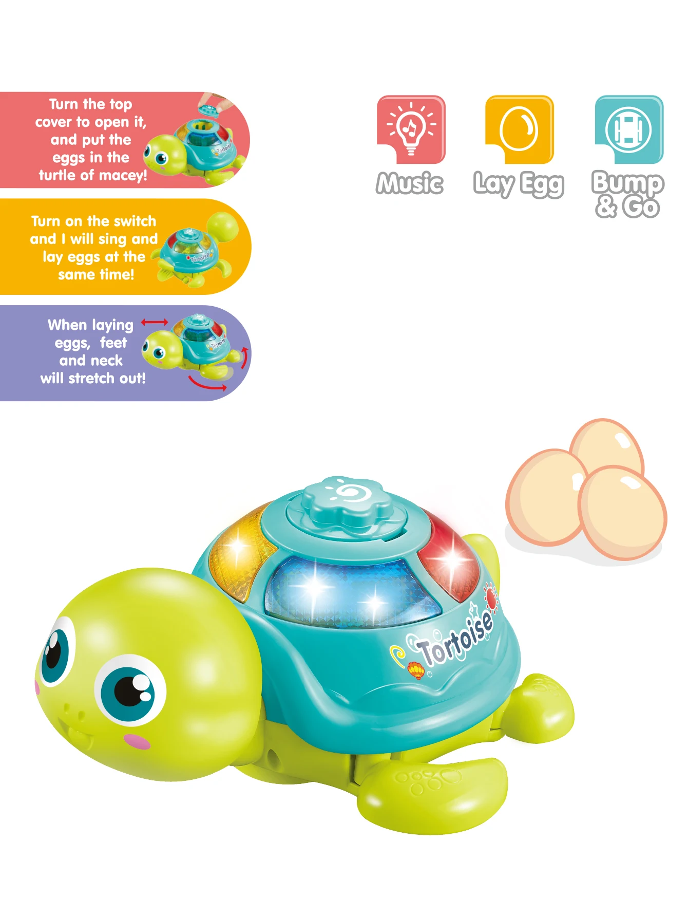 Electric Egg-poeding Turtle Toy, Adequado para Crianças com mais de 3 Anos, Luz, Som, Função Roda Universal