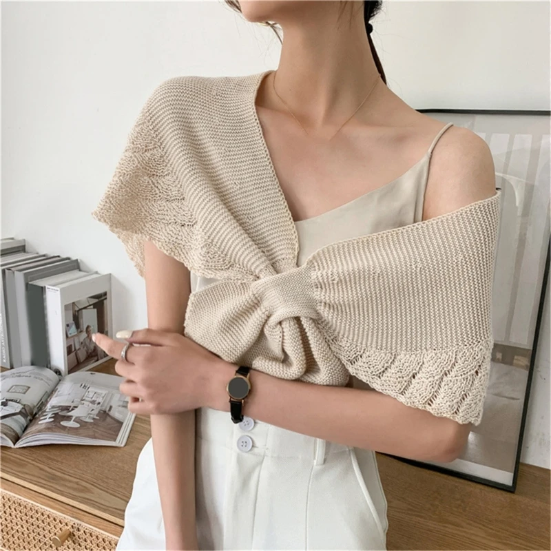 Women Spring Crochet Shawl Wrap Knitted Fish Scales Solid Color Fake Collar Poncho Tie Knot Front Vintage Warm Cape Scarf