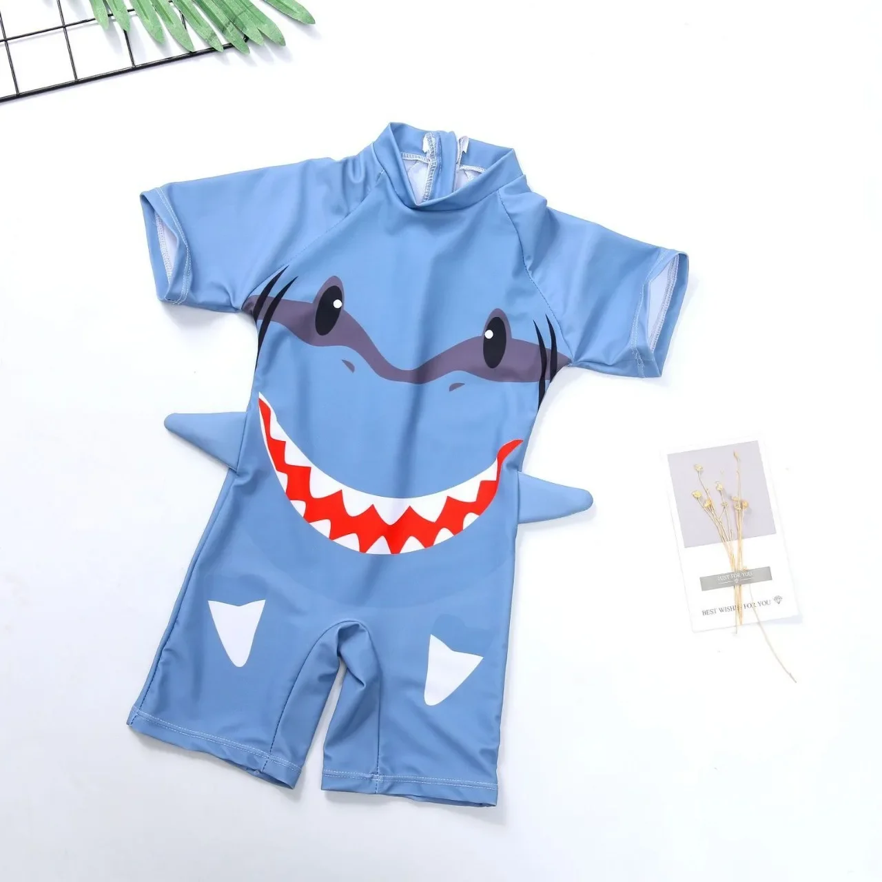 New 2025 Summer Kids One-piece Swimsuit Boys Cartoon Shark Short Sleeve Quick-Dry Surfing Suit Swimwear Baby Bathing Costume