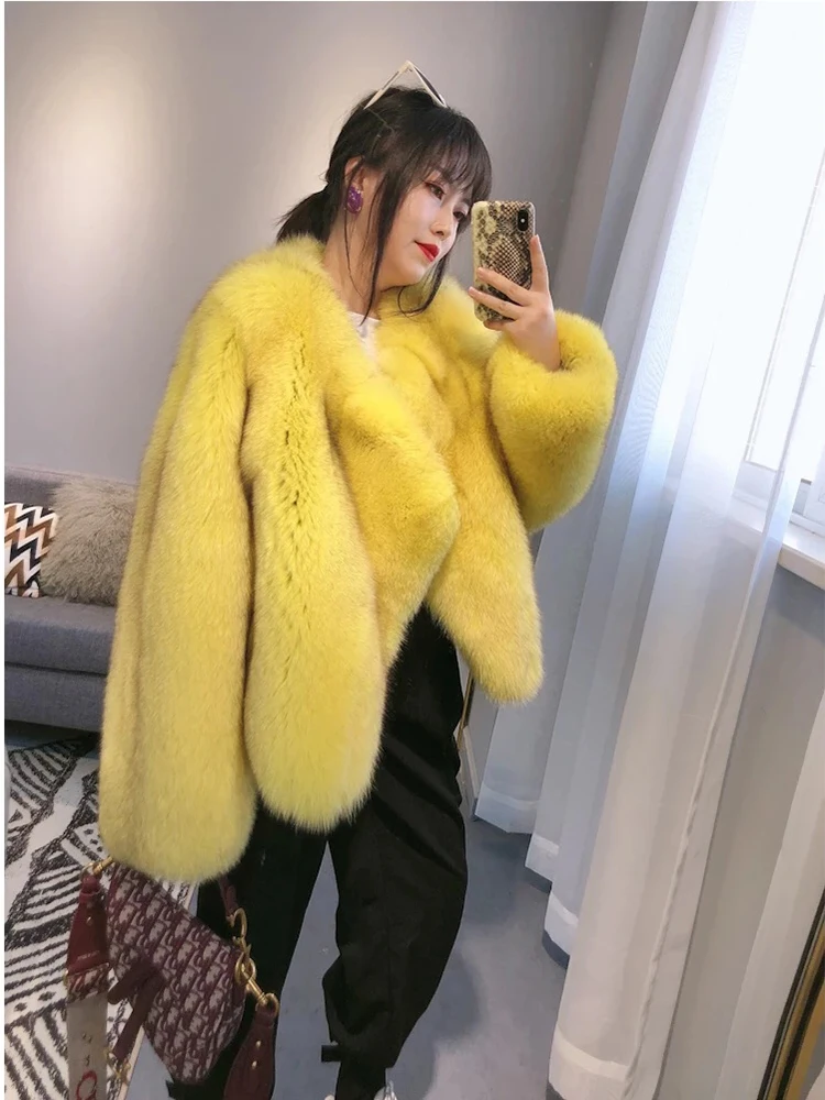 Asymmetric Collar Solid Natural Fox Fur Coat Women Winter New Casual Yellow Outertwear Genuine Fashion Real Fur Jacket Female