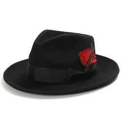 Men Hat Wool Black Mid Brim Crushable Fedora Gentleman 60 cm Big Size XL Felt Hat with Feather High Quality Box Packaging