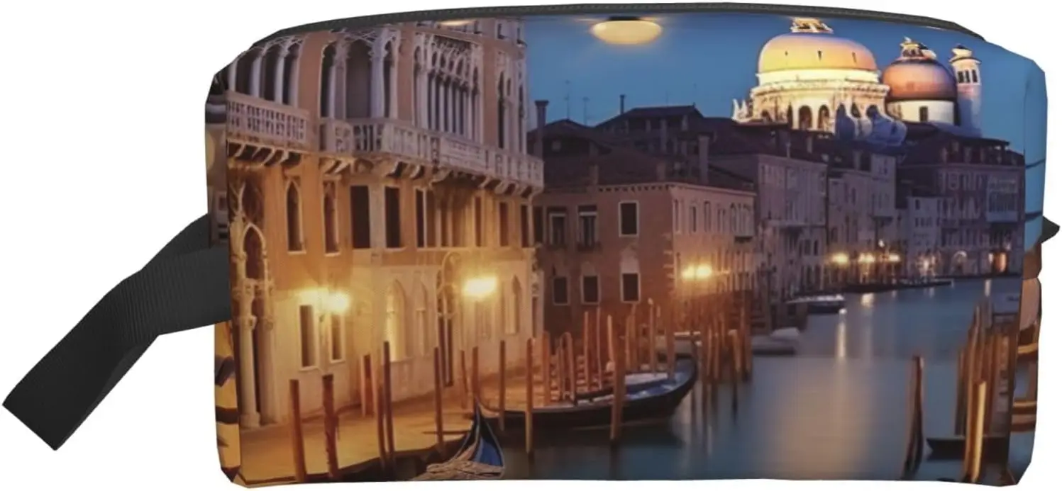 

Travel Toiletry Bag for Women Men Leather Makeup Bag Large Portable Travel Organizer beautiful venice at night Cosmetic Bag