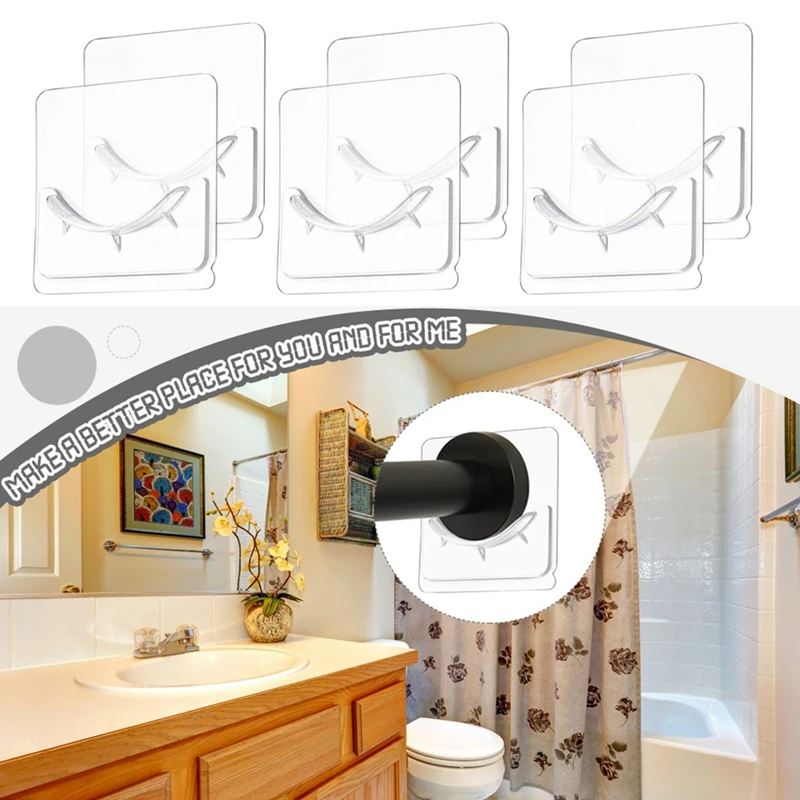 Adhesive Shower Curtain Rod Holder, Wall Mounted Shower Rods Holder Drill-Free Install, Adhesive Rod Mount Retainer