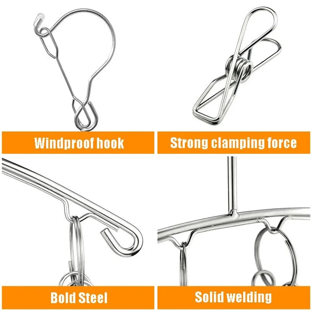 6-20Pegs Stainless Steel Clothes Drying Hanger Windproof Clothing Rack Clips Sock Laundry Airer Hanger Underwear Socks Holder