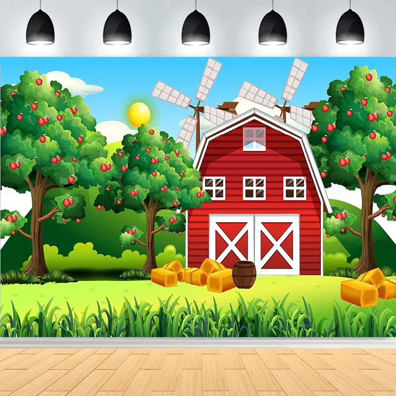 

Farm Scene Old Farmer Man And Cute Animals Photography Backdrops Red Barn Windmill Dairy Cow Birthday Party Background NC-05