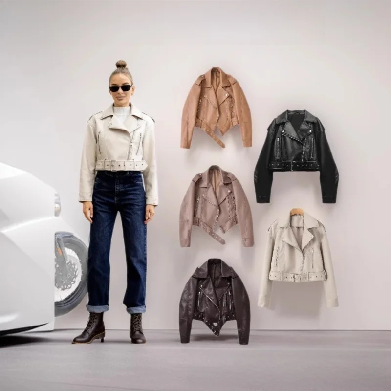 Jaqueta de Couro Solta e Elegante para Mulheres, com Cinto e Gola de Pelo, Fechamento com Zíper, Manga Longa, Ajuste Regular