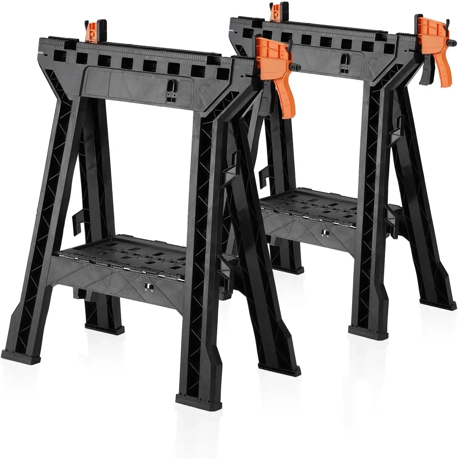 2-Pack Folding Heavy Duty Clamping Sawhorse with 1000 LBS Capacity, Removable 18-Inch Bar Clamps, Built-in Tool Tray & Cord Hooks