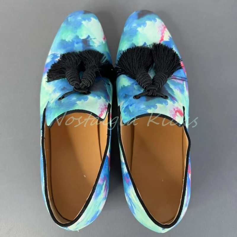 New Men's Satin Watercolor Tassel Loafers Colorful Pointed Toe Slip On Dress Shoes for Man Casual Blue Formal Flat Derby Shoes