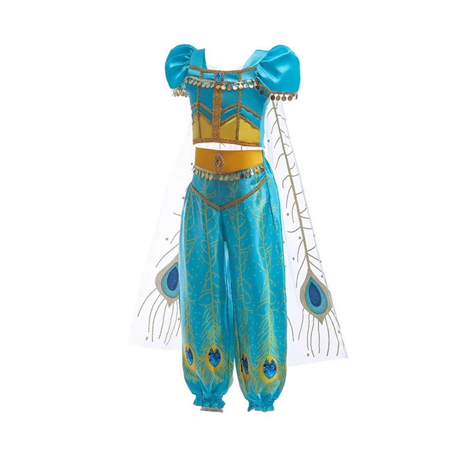 Princess Jasmine Dress For Girl Aladdin Classic Puff Sleeve Cosplay Clothes Kids Two-piece Female Halloween Hot Costumes