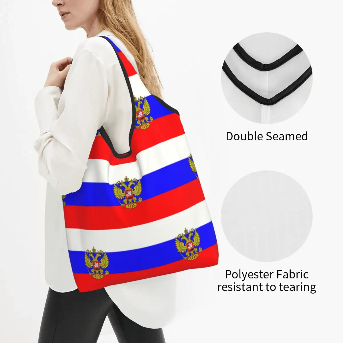 Custom Russian Flag Shopping Bag Women Portable Large Capacity Grocery Tote Shopper Bags