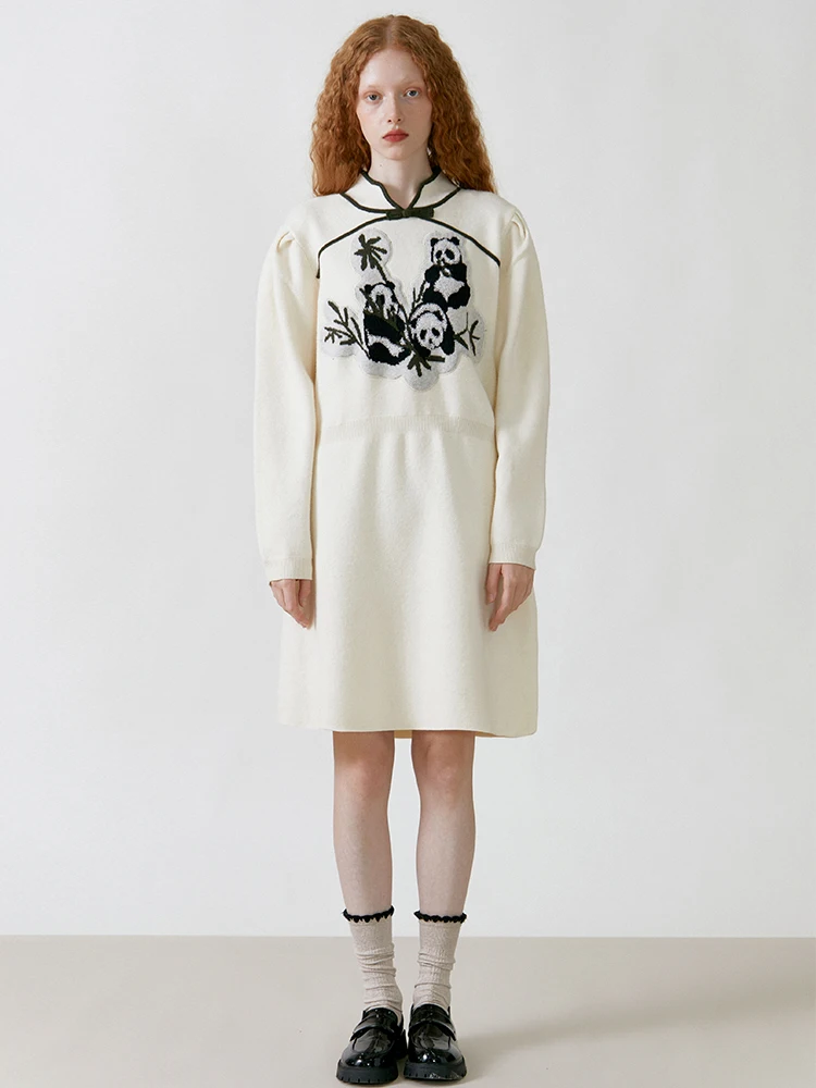 

Оригинальное вязаное платье Xunruo в национальном стиле с вышивкой панды, воротником-стойкой и длинными рукавами, женское, модное, осенне-зимнее