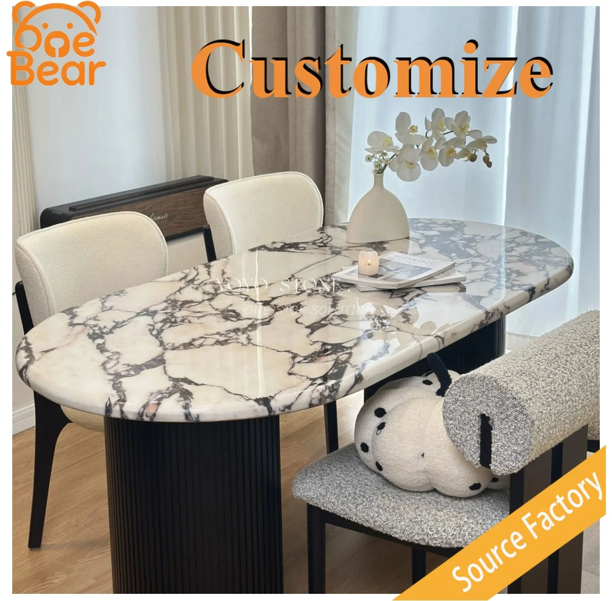 Arc Edge Marble Dining Table, Safety Design Luxury Dining Desk for Bedroom & Dining Space.