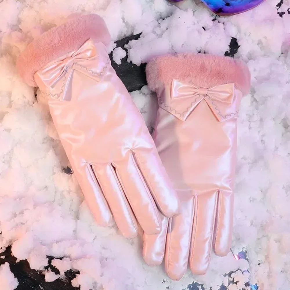 Fashion Plush Women's Bowknot Gloves Keep Warm Touch Screen Warm Gloves Thicken Shiny Ski Mittens Cycling image 5