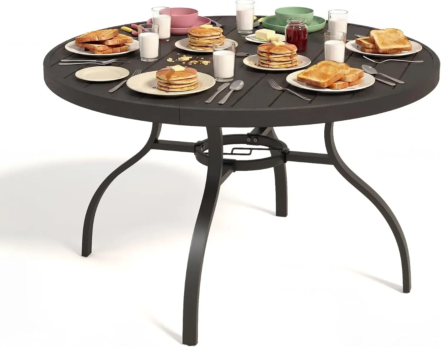 Outdoor Round Dining Table, Patio Center Table With Umbrella Hole For Backyard Lawn Garden Porch Poolside, All Weather Metal Furniture, Modern Rustic Style, Black, One Piece