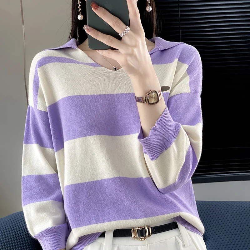 Spring Summer New Woman 100% Cotton Sweater V-neck 3/4 Sleeve Color Stripe Pullover Loose Casual Knit Bottoming Sweater Tops