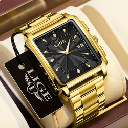 2024LIGE Top Brand Luxury Watches for Men Fashion Quartz Wristwatch Square Gold Stainless Steel Business Clock Relogio Masculino