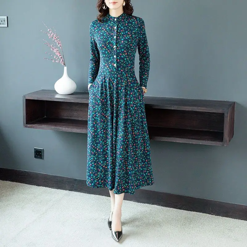 Fashionable Side Pockets Long Sleeved Dress for Women Spring Autumn New Ice Silk High Collar Loose Printing Button Long Dresses