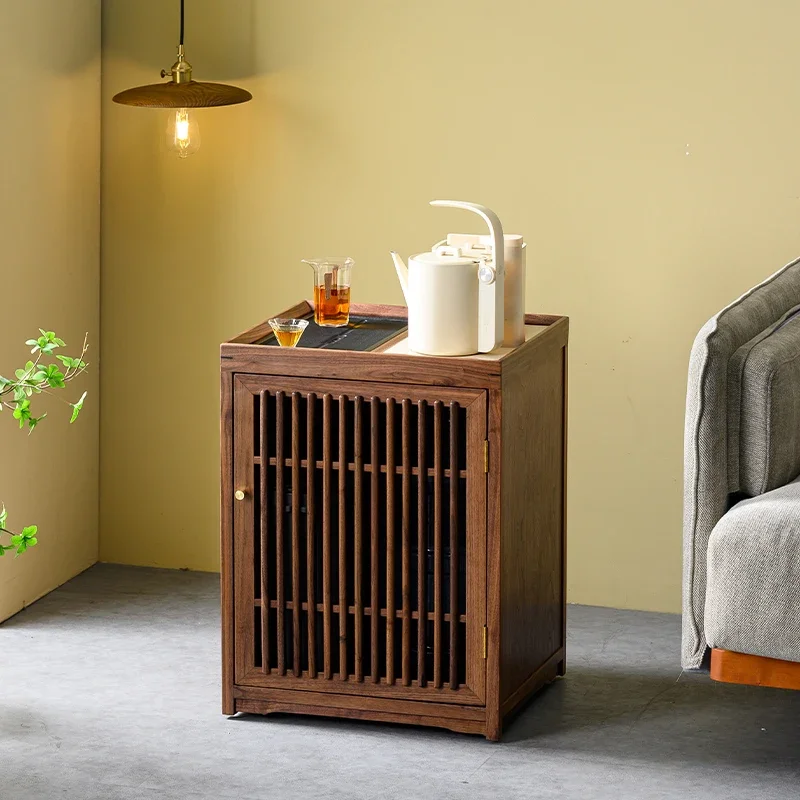 Wabi Sand Wind Black Walnut Tea Bar Machine Household Small Tea Table Mobile Side Cabinet Boiling Water and Drainage Integrated