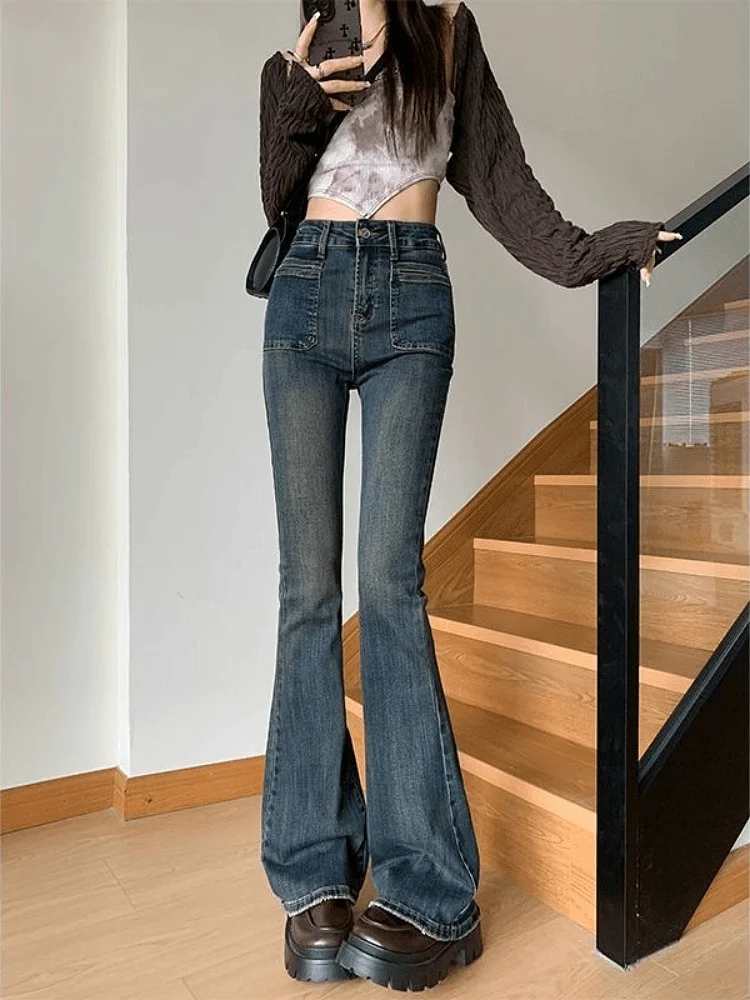 

American Retro High Waist Bell Bot Jeans Women Summer 2024 New Slimming Floor Length Pants Cotton Polyester Blend