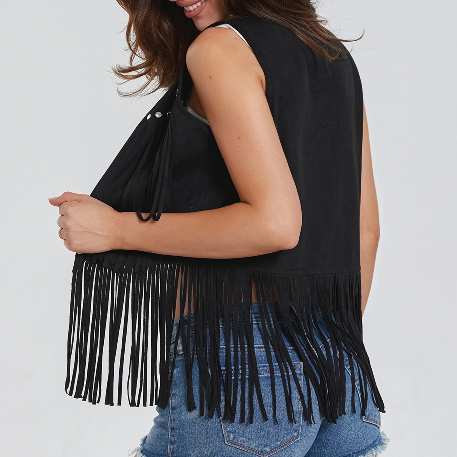 

Women Vintage Hippie Waistcoat Vest Lightweight Solid Color Open Front Sleeveless Jackets with Tassel Streetwear Outerwear