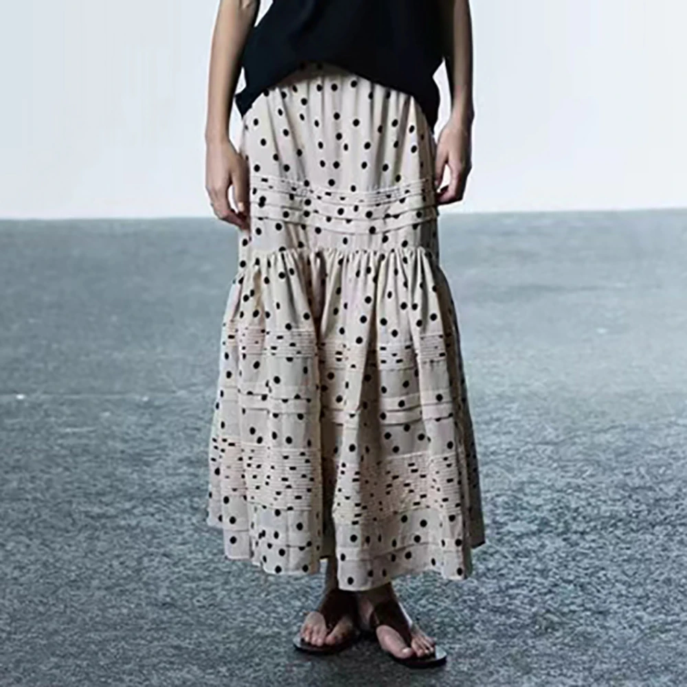 

Cotton Blend Women's Skirt Y2k Fashion Dot Printing Splicing Pleated High Waist Straight Skirt 2025 Summer New