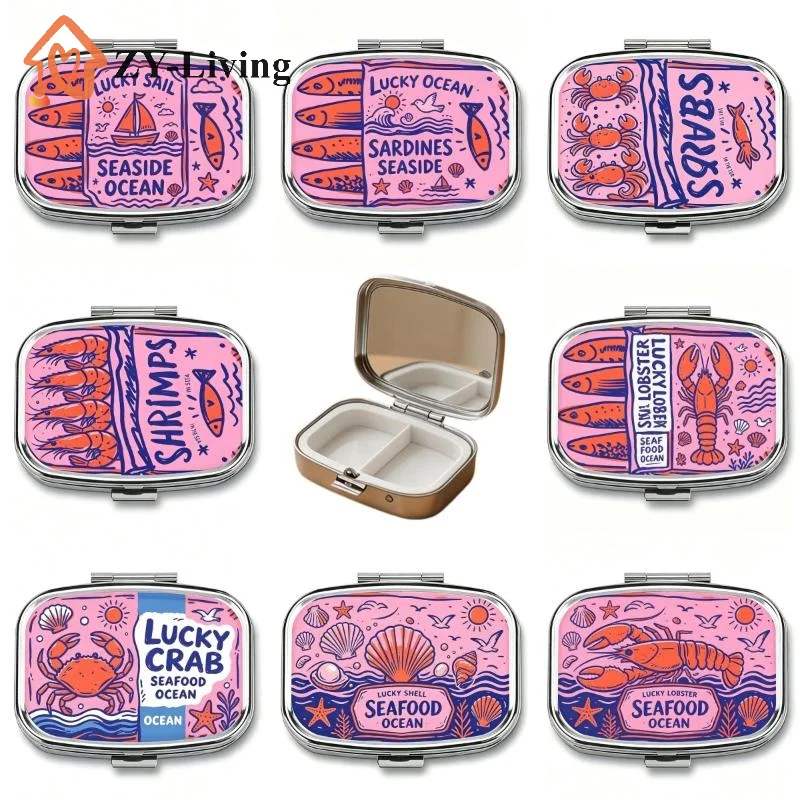 1Pcs 2-Compartment Retro Sardine Print Pill Box Metal Mini Organizer For Women Travel Jewelry Medicine Candy Storage