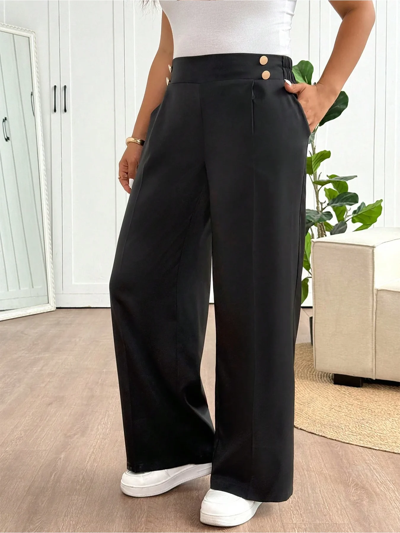 وصول جديد ارتفاع الخصر ثنى السراويل الطويلة غير رسمية فضفاضة أنيقة مستقيم قطع السراويل تصميم فريد بلون مع جيوب #6