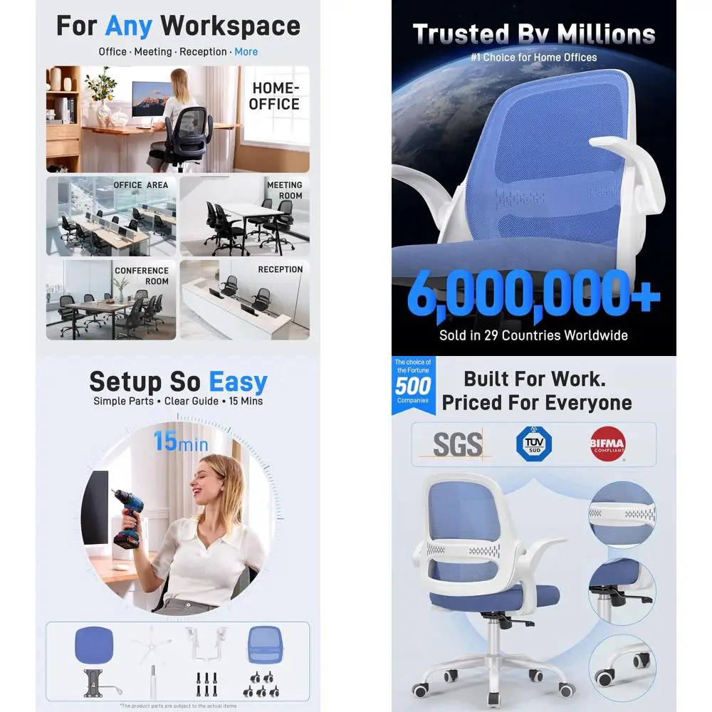 

Эргономичное офисное кресло с дышащей сеткой, откидными подлокотниками, поворотным механизмом, грузоподъемностью 300 фунтов (белый/синий)