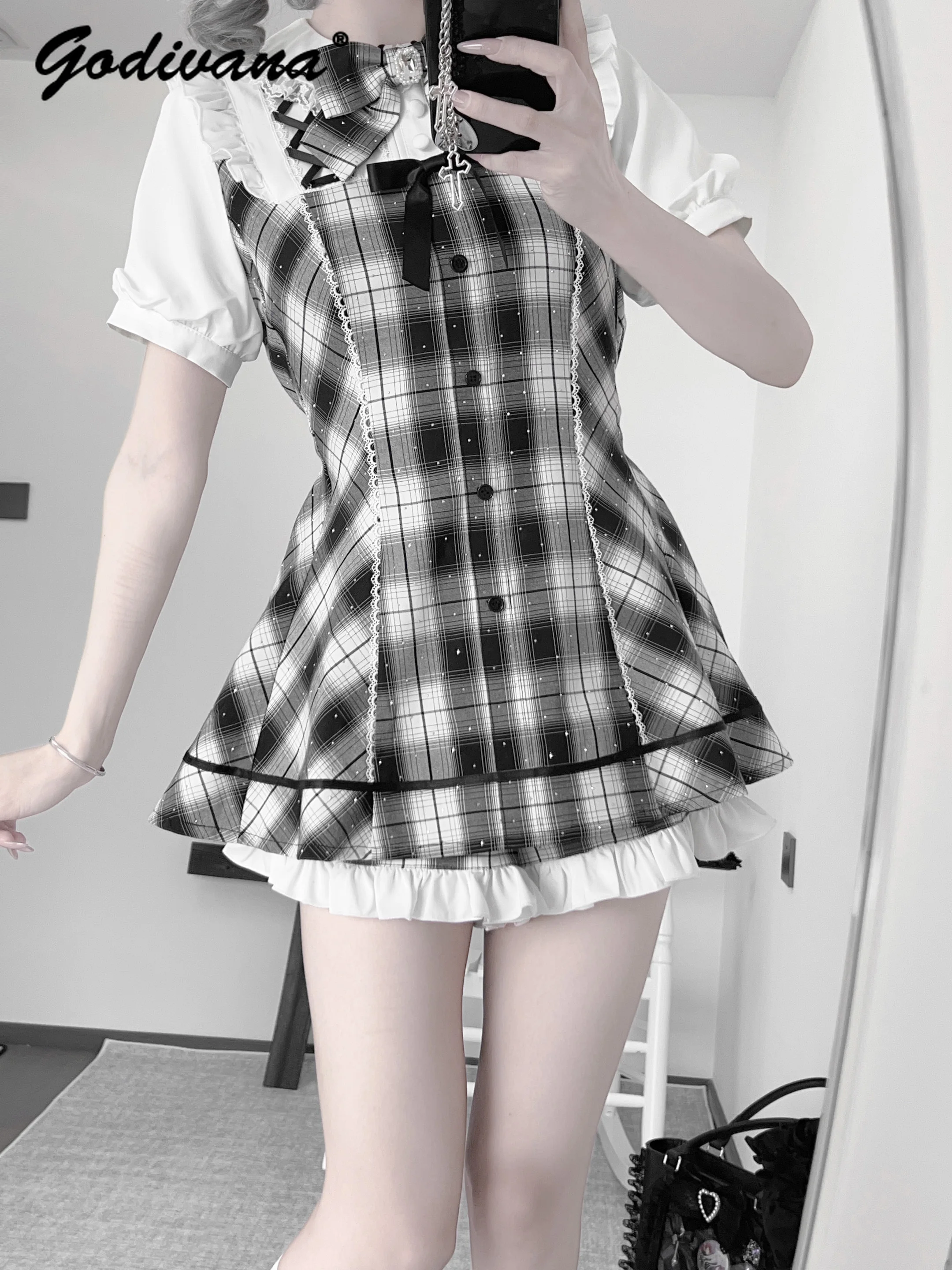 Original Spring and Summer Women's Lolita Shorts Set Sweet Girls Short Sleeve Hot Drilled Plaid Shirt Top + Short 2 Peice Suits