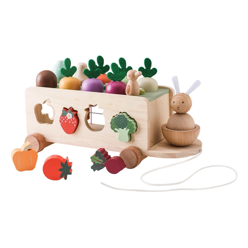 Wooden Turnip Car Stretch Rope Hand-pulled Car Baby Carrot Pulling Toy Shape Matching Toy Parent-child Education Montessori Toys