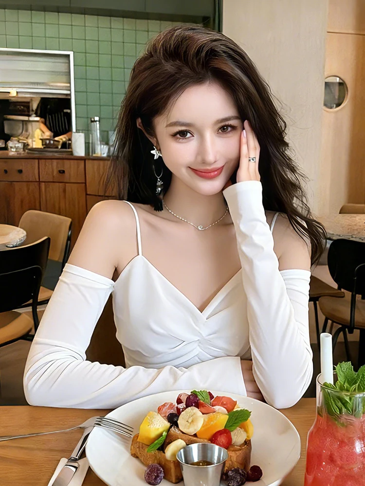 

Ele Spring Season Chiffon irt with Strap Folded Netting Faionable And Sli Long Sve V-Ne Women's Top