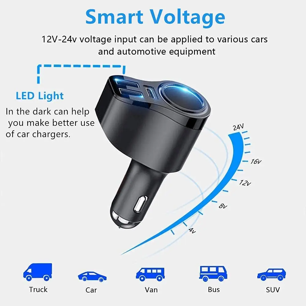 2022 4 in 1 USB C Car Charger, 36W Multi USB Cigarette Lighter Adapter, 12V/24V Dual USB Type C PD Fast Car Charger Adapter