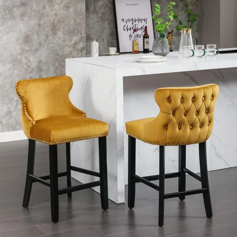 Counter Height Bar Stools Set of 2, Velvet Upholstered Barstools with Solid Wood Legs, Button Tufted and Nailheads Trim