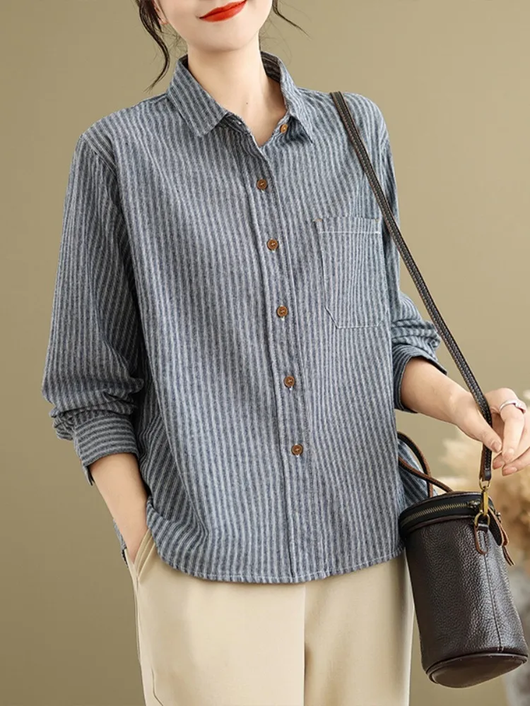 

Женский повседневный длинный топ из чистого хлопка в полоску, весенний утягивающий базовый воротник, универсальный топ, свободный крой, детали на пуговицах