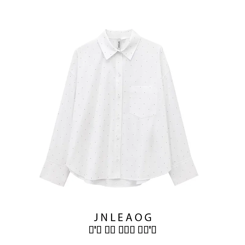 

JNLEAOG Women's Shirt Large Silhouette Decorated with Water Diamonds Fashion Design European Style Long Sleeve Polyester Fiber