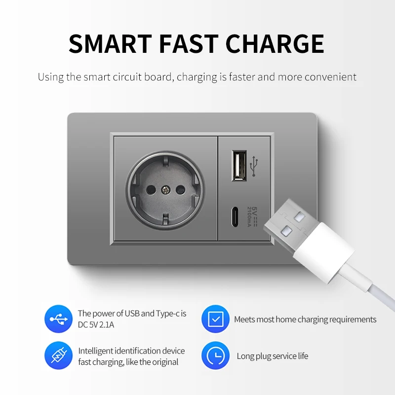 EU 118*72mm PC 패널 110V-250V 전등 스위치 및 USB Type-C 2.1A 5V 포트 16A 전원 이중 스위치 소켓이 있는 벽 소켓