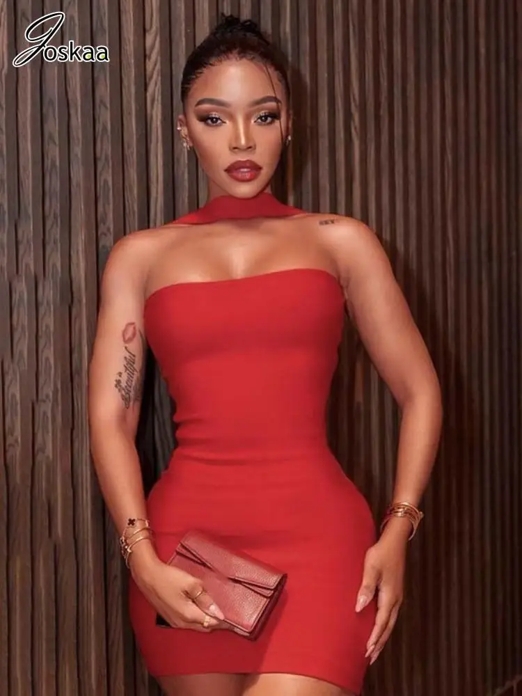 فستان أحمر أنيق من Joskaa للنساء محب مثير ملفوف عند الصدر بدون ظهر لتشكيل الجسم فستان قصير 2025 ملابس حفلات الربيع