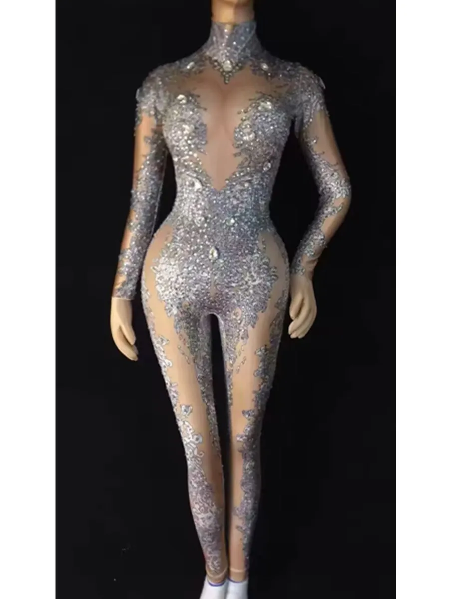 Sparkly Crystals Nude Jumpsuit Stretch Stones Outfit Celebrate Bright Rhinestones Bodysuit Costume Female Singer Birthday Dress