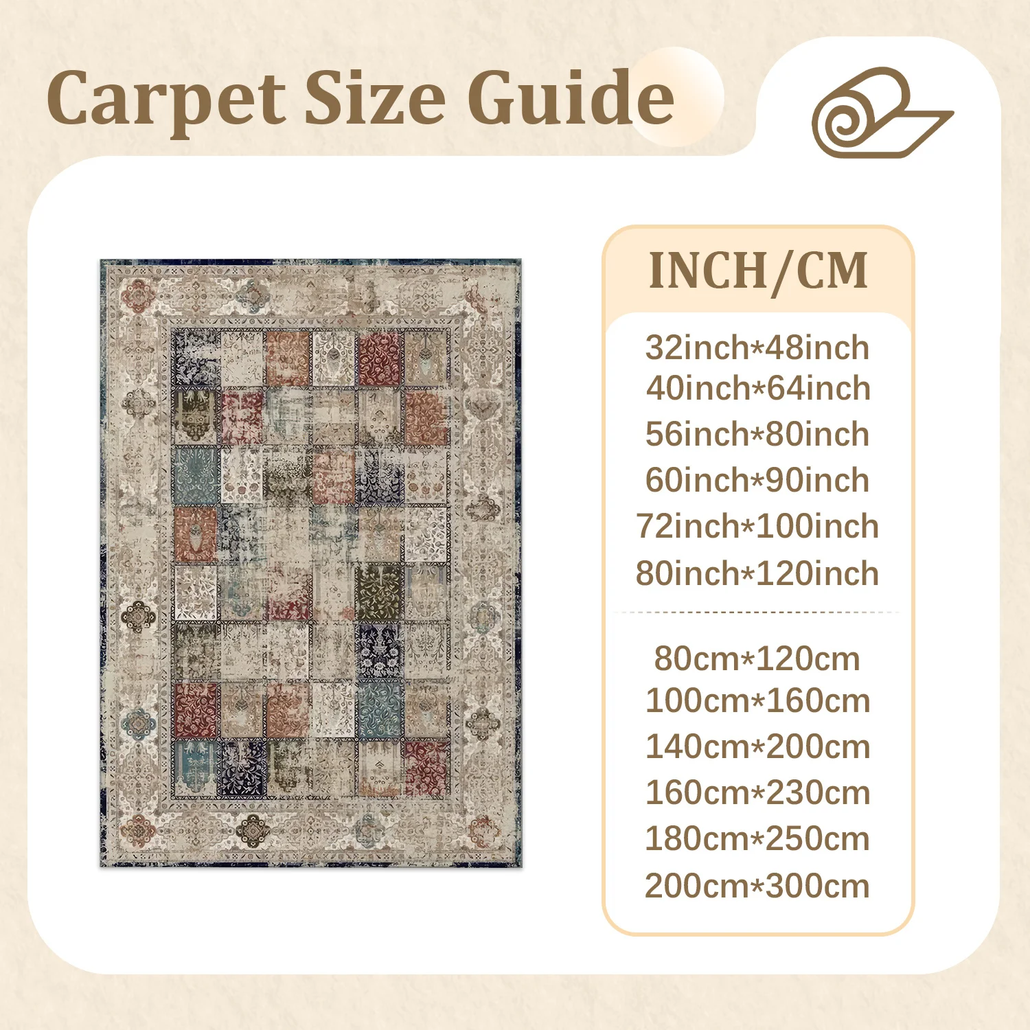 Large Indoor Area Rug, Soft Velvet Low Pile Non-Slip Dotted Backing, Machine Washable Vintage Patchwork Area Rug for Living Room Bedroom, Muted Neutral Boho Floor Rug for Home Decor