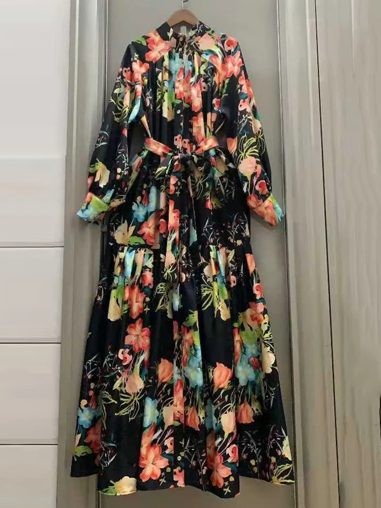 Robe rétro à imprimé géométrique, col montant, simple boutonnage, à lacets, taille cintrée, ample, bouffante, pour femmes, automne 2025