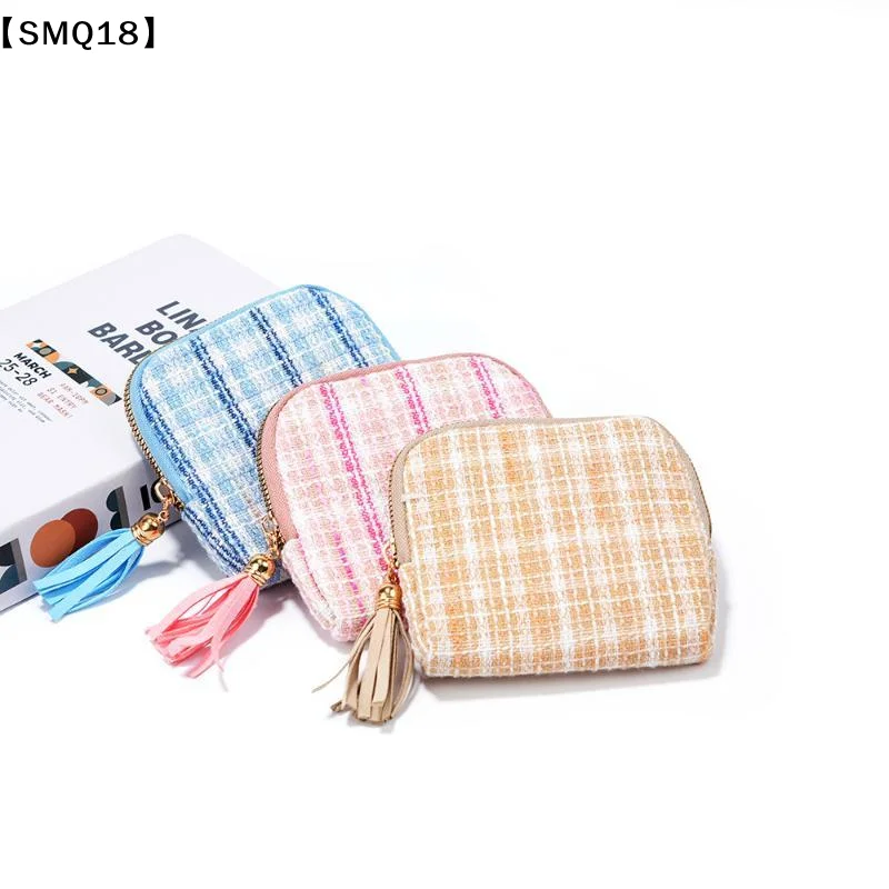 Tweed Small Cosmetic Bag With Tassel Zipper Soft Lining Perfect For Storing Lipstick Jewelry Coins Travel Daily Use【SMQ】