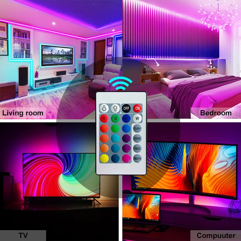 USB LED Strip Light com Bluetooth, luzes RGB flexíveis, luz de fundo, fita de diodo, lâmpada, fita, TV, desktop, tela, 5V, 1m-30m