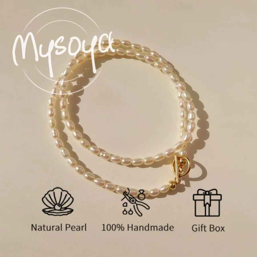 

MYSOYA 3-5 мм жемчужное ожерелье в форме натурального риса для женщин и мужчин с подарочной коробкой идеальный подарок на день рождения, свадьбу, годовщину, ювелирное изделие