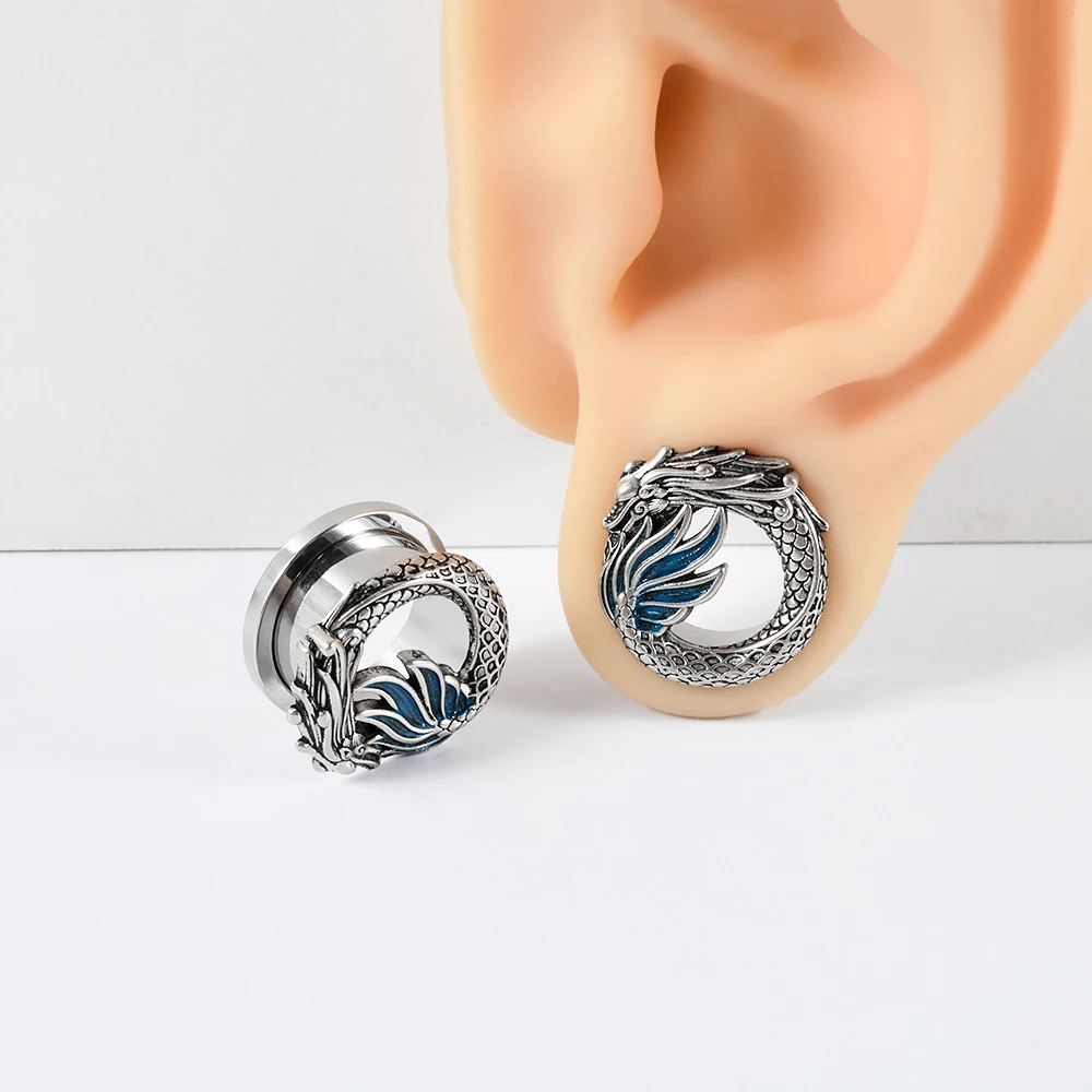 1-2 قطعة خمر الصينية التنين الأذن الأنفاق والمقابس المتوسع الوزن الأذن مقاييس نقالات القرط الفولاذ المقاوم للصدأ ثقب المجوهرات #2