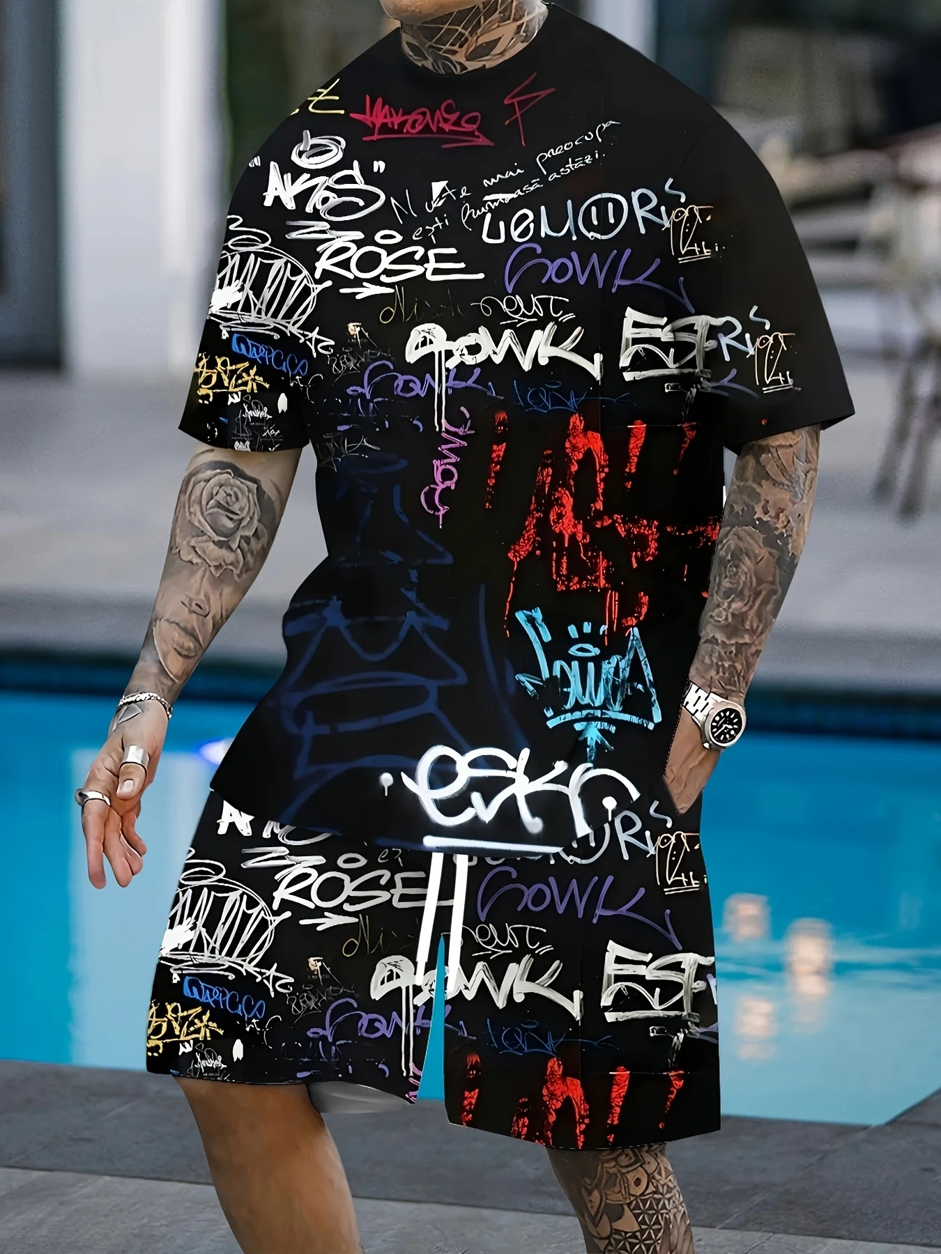 Conjunto de Verano 2026 para Hombre, Manga Corta, con Estampado de Grafiti 3D, Estilo Urbano Informal, Diseño Transpirable