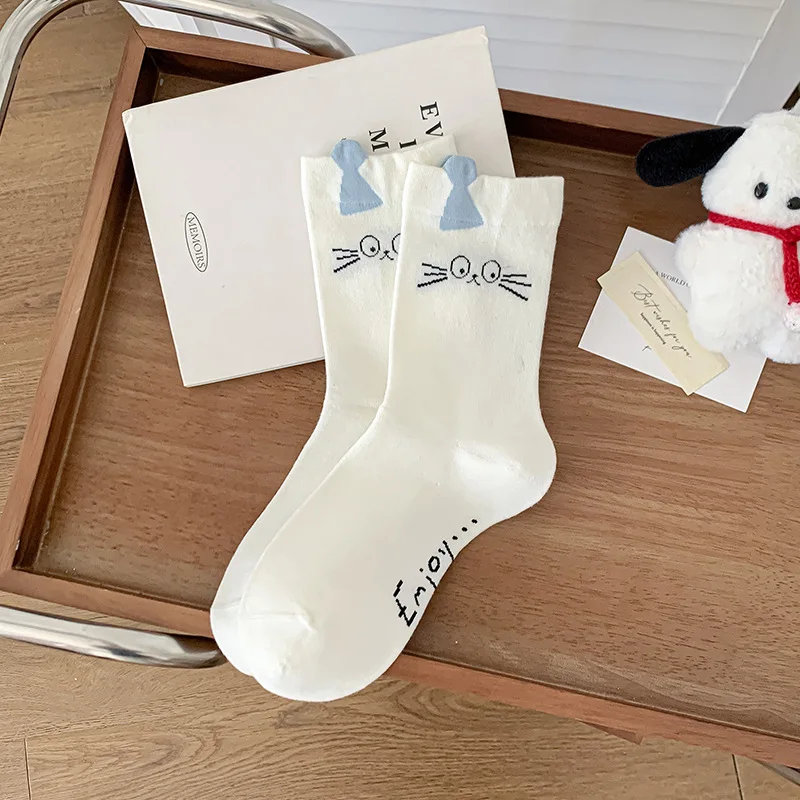 Calzini gattino 2025 autunno nuovi simpatici calzini floccati a metà polpaccio con cartoni animati di gatti senza cuciture calzini stack a righe alla moda