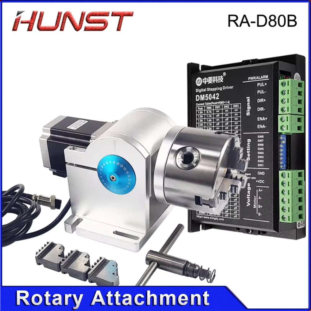 อุปกรณ์โรตารี่เชื่อมขนาดเส้นผ่านศูนย์กลาง80มม. พร้อมหัวจับสามตัว + ตัวขับ DM5042สำหรับ CO2ยูวีและเครื่องทำเครื่องหมายเลเซอร์ไฟเบอร์