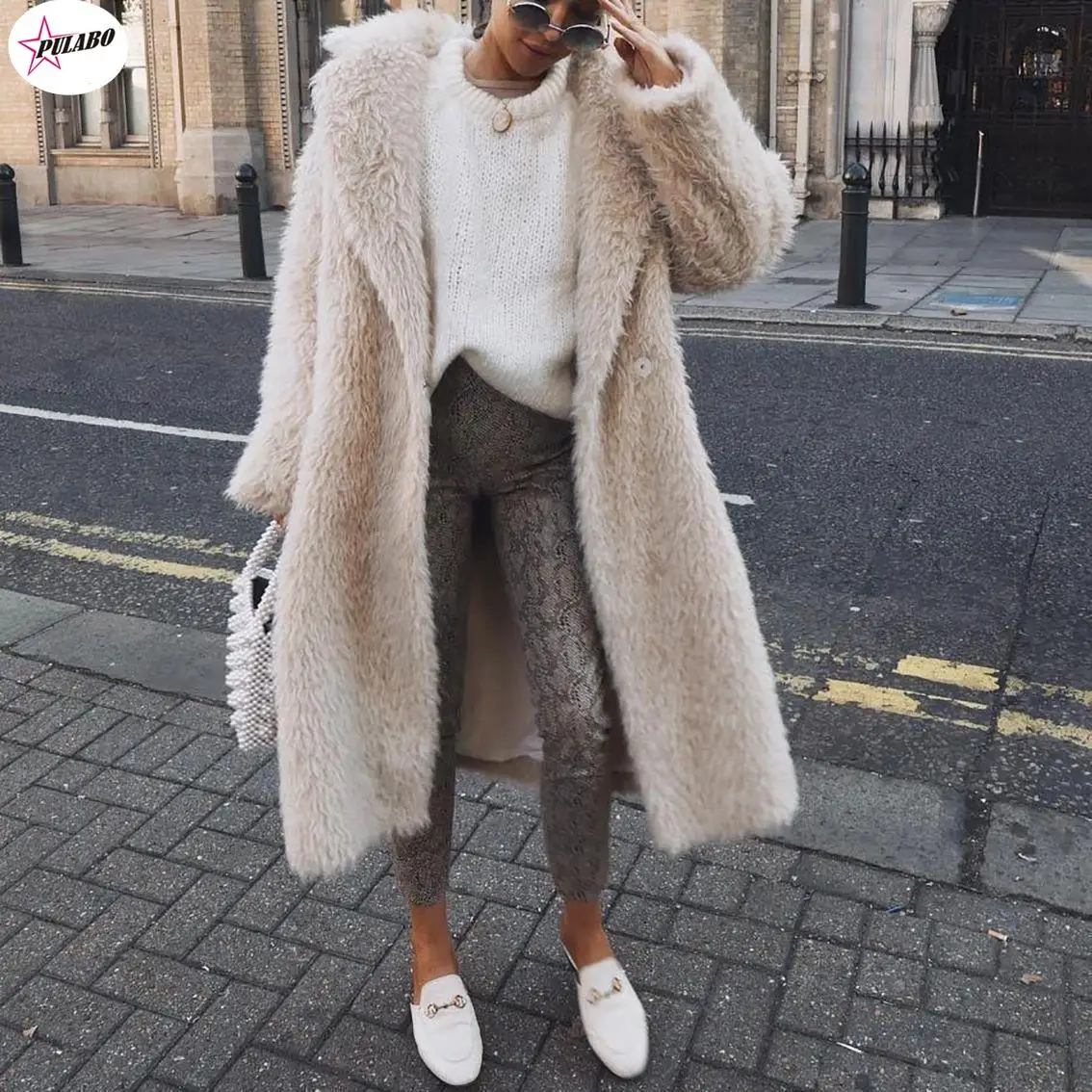 PULABO Women Winter Faux Fur Coat Bomber Wool Teddy Coat Beige Overcoat Long Sleeve Vintage Outwear Mujer