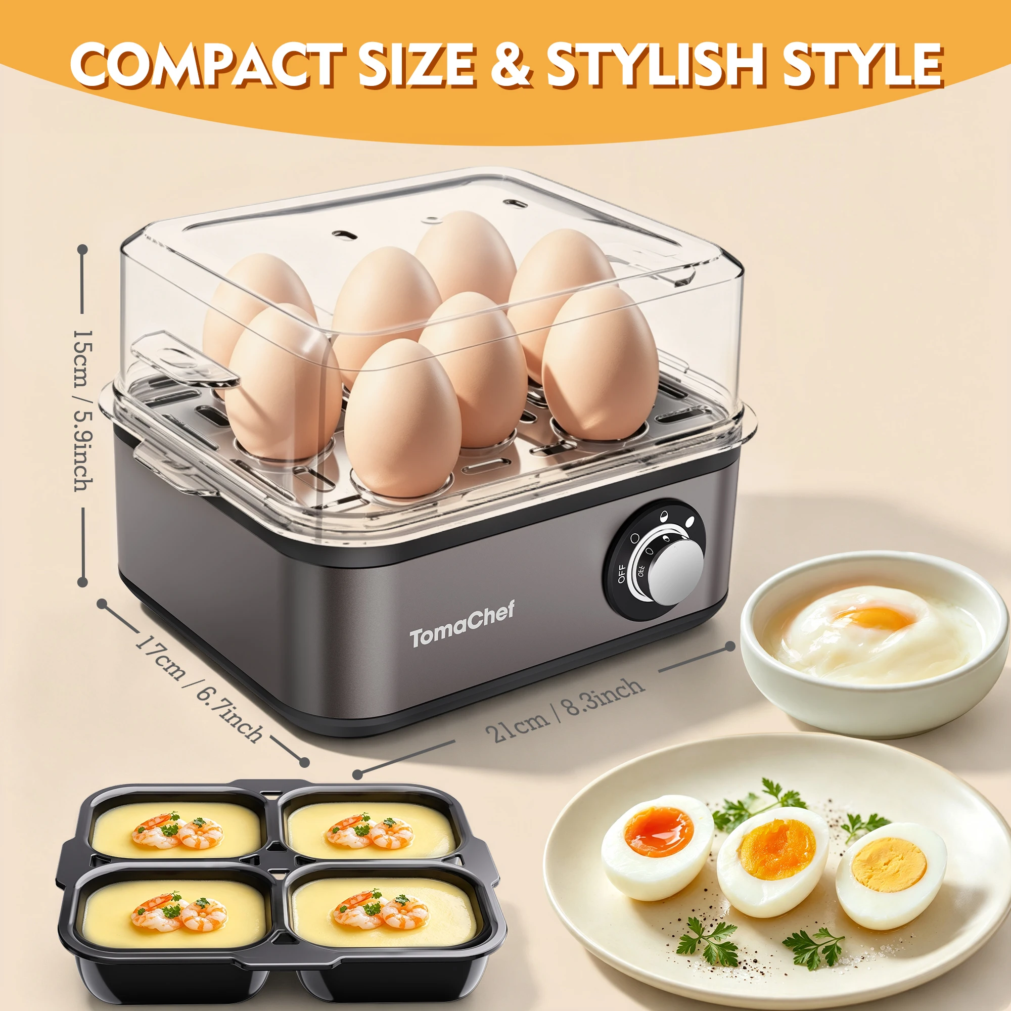 TomaChef Stainless Steel Electric Quick Egg Cooker, 8 Egg Capacity, 500 Watts Power, Soft/Medium/Cooked Egg Pot Cooker, Boiling, Steaming or Frying Eggs, Knob Automatic off with Buzzer